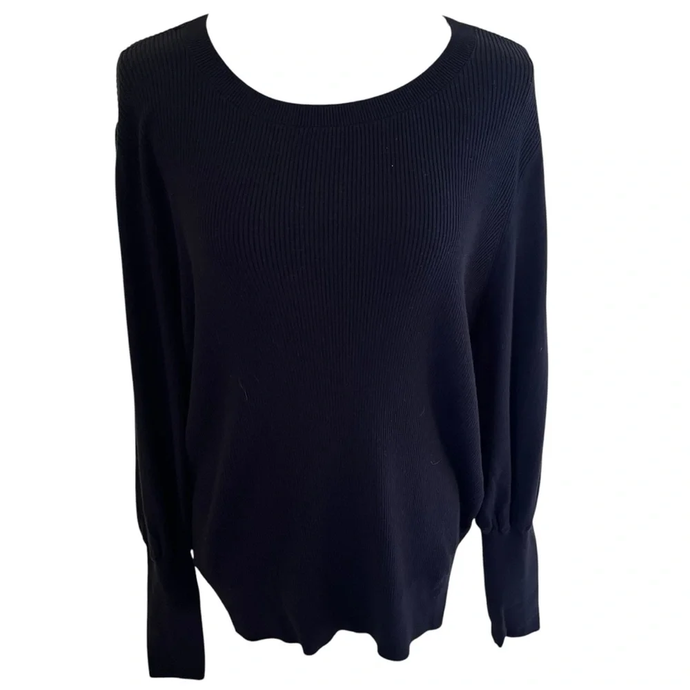 Halogen Black Ribbed Knit Scoop neck Sweater with Long Puffed Sleeves L